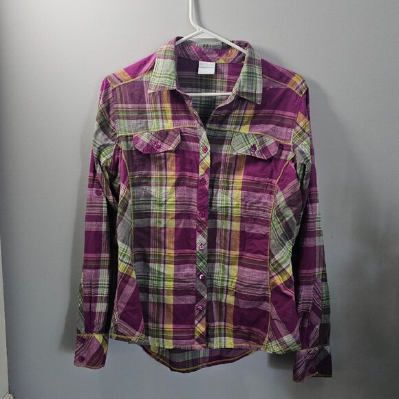 Columbia Purple and Green Plaid Button Up Hiking Shirt - Picture 1 of 4